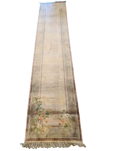 335 x 64 cm Fine Pure Silk Chinese Traditional Beige Rug - Rugoutlet