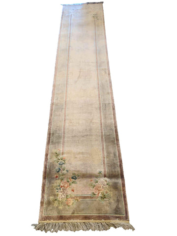 335 x 64 cm Fine Pure Silk Chinese Traditional Beige Rug - Rugoutlet