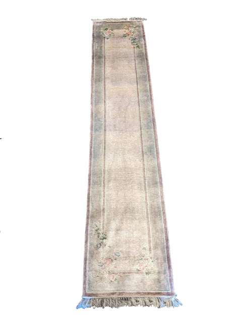 335 x 64 cm Fine Pure Silk Chinese Traditional Beige Rug - Rugoutlet