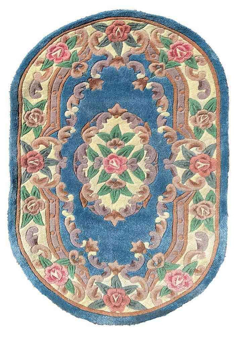 5ft x 3ft Chinese Tufted Round Blue Rug - Rugoutlet