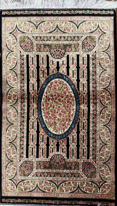 Persian Qum Handmade Silk Rug - Green & Orange - 130 cm x 80 cm