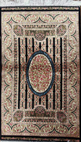 Persian Qum Handmade Silk Rug - Green & Orange - 130 cm x 80 cm