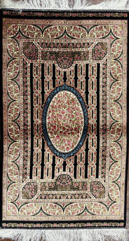 Persian Qum Handmade Silk Rug - Green & Orange - 130 cm x 80 cm