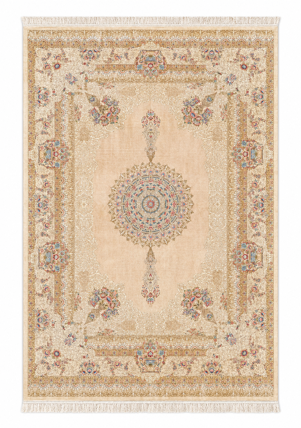 Modern Powerloom Acrylic Rug with Silk Tassels 230x155 cm – Beige & Golden Rug