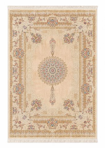 Modern Powerloom Acrylic Rug with Silk Tassels 230x155 cm – Beige & Golden Rug