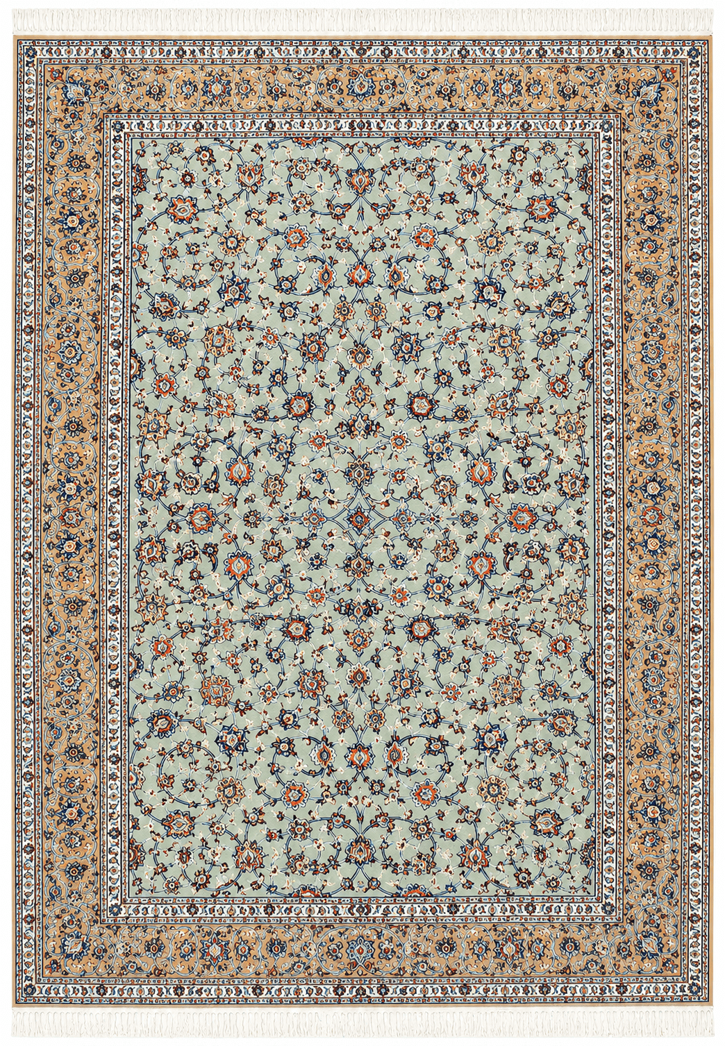 Handmade Persian Kashan Style All-Over Floral Rug – Pale Blue & Camel – 440 × 310 cm (14.44 × 10.17 ft)