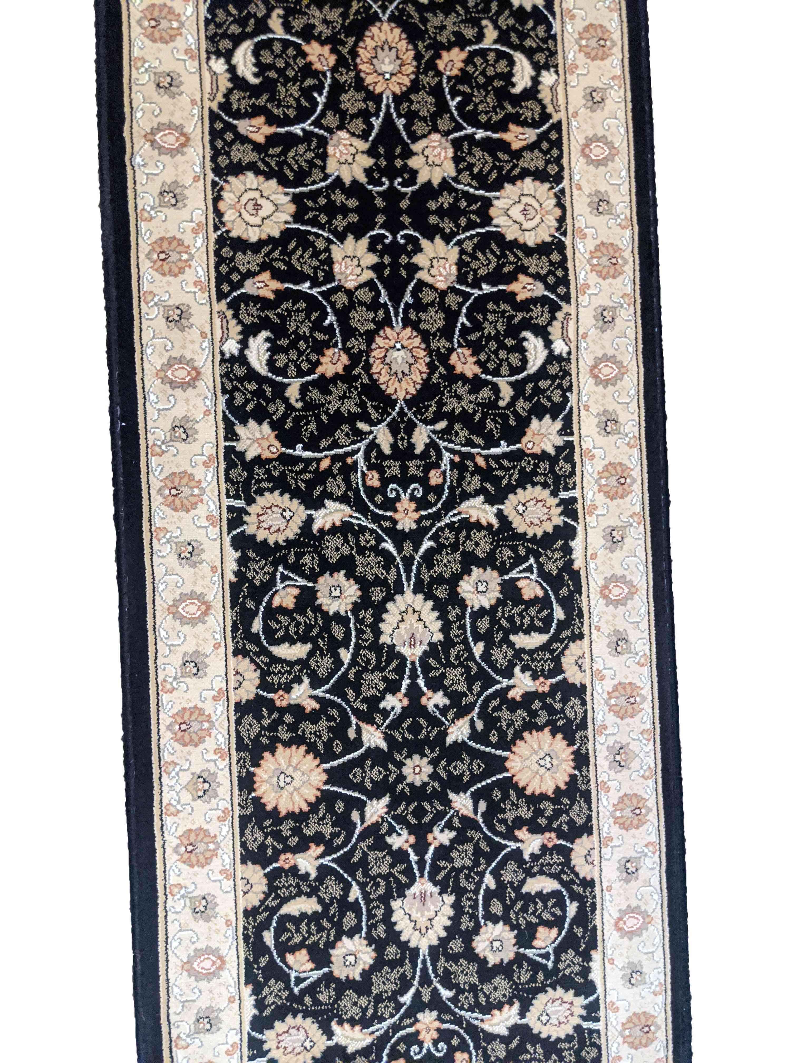 67 x 200 cm kashan powerloom Traditional Black Rug - Rugmaster