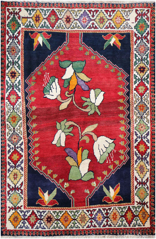 160x100 cm Persian Qashqai Tribal Wool Rug Handmade Red Blue - Rugoutlet