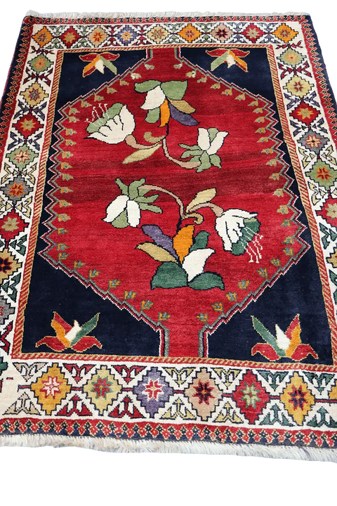 160x100 cm Persian Qashqai Tribal Wool Rug Handmade Red Blue - Rugoutlet