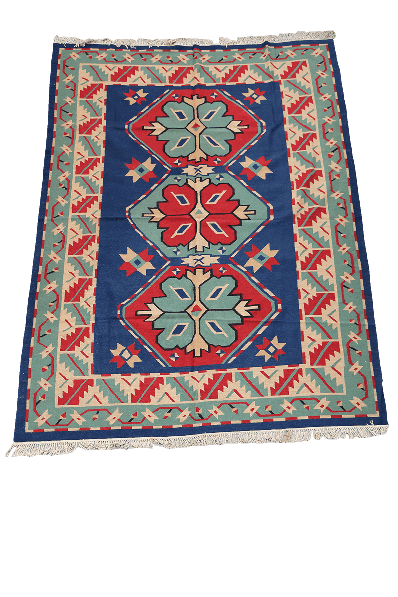 193x275 cm Indian Kilim Wool Rugs Handmade Blue - Rugoutlet