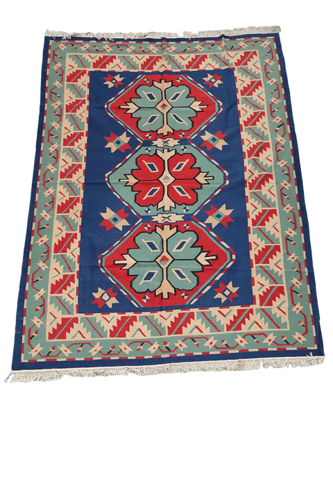193x275 cm Indian Kilim Wool Rugs Handmade Blue - Rugoutlet