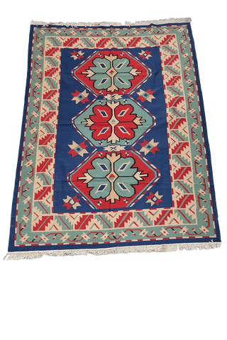 193x275 cm Indian Kilim Wool Rugs Handmade Blue - Rugoutlet