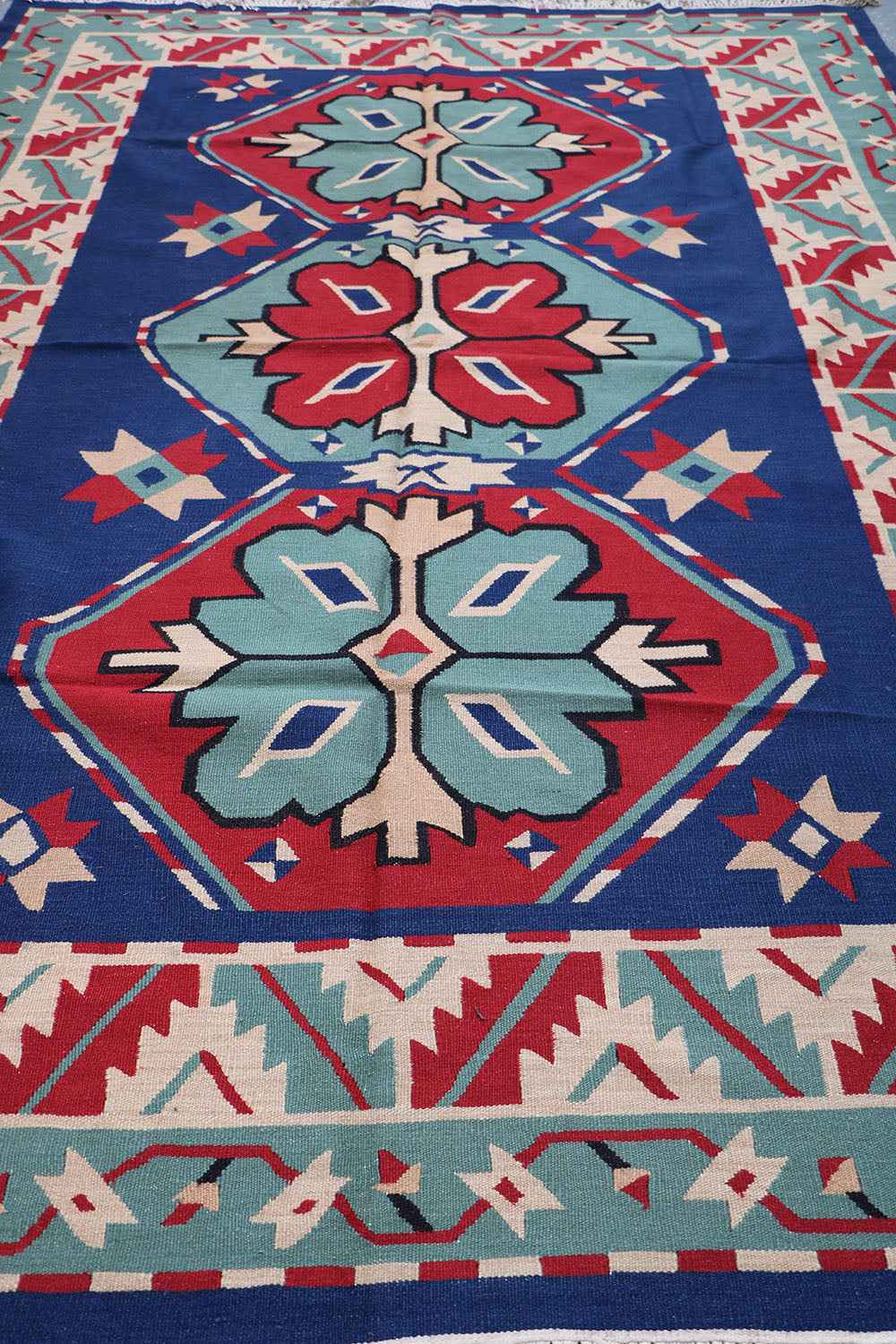 193x275 cm Indian Kilim Wool Rugs Handmade Blue - Rugoutlet