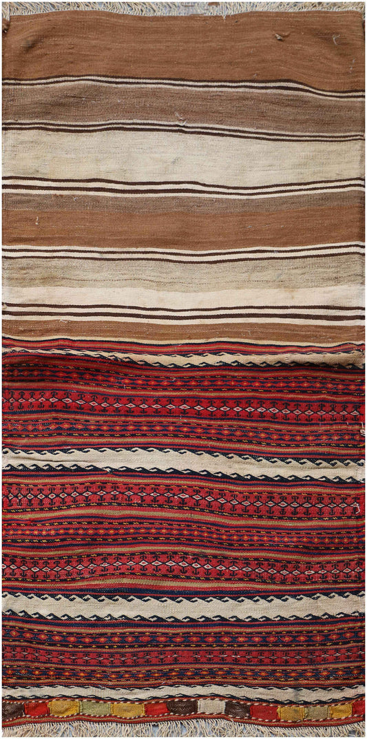 170x75 cm Qashqai Kilim Sumak Wool Rug Handmade Maroon Brown