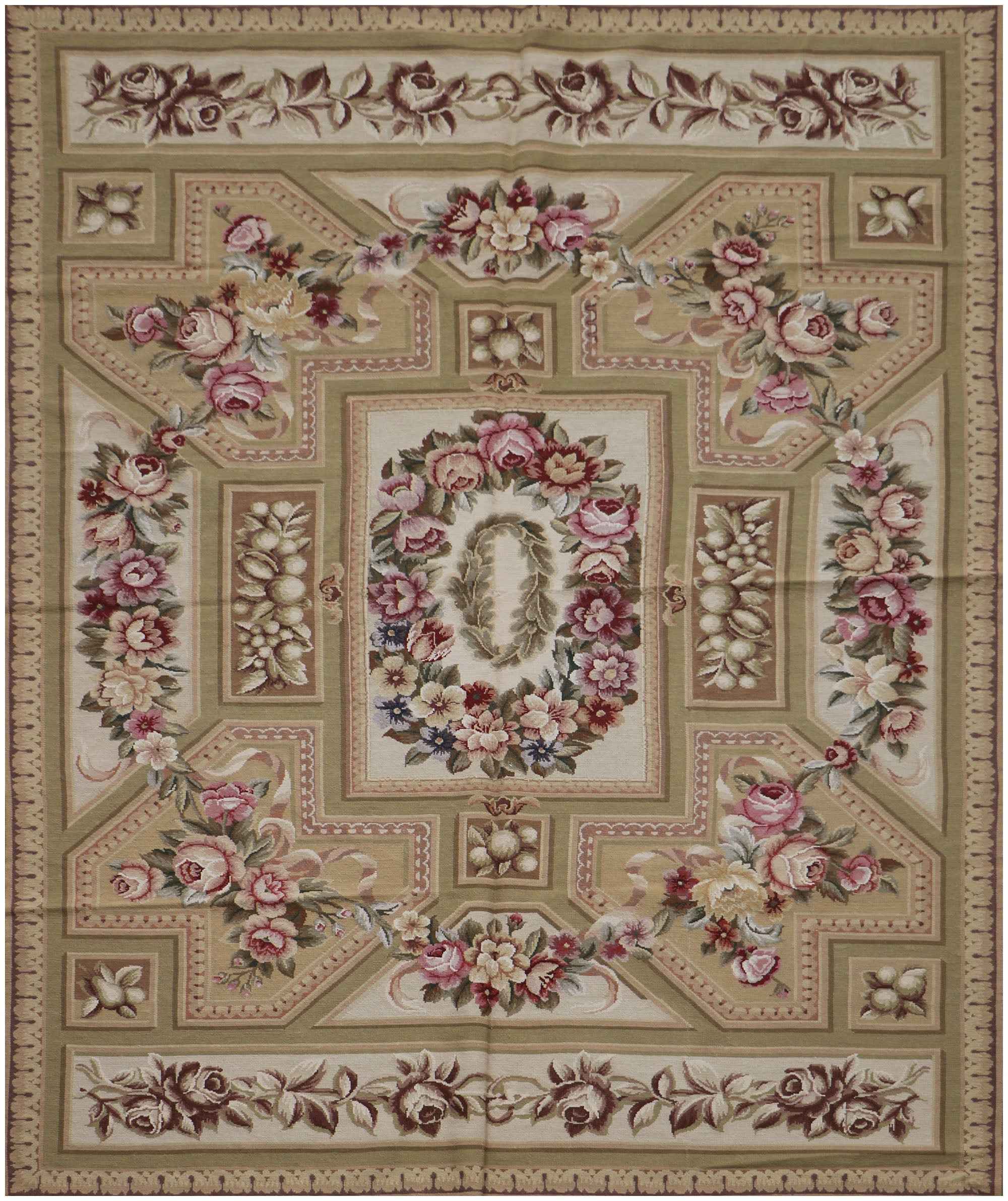 283x183 cm French Tapestry Needlepoint Wool Rug Hand Knotted Apple Green Beige - Rugoutlet