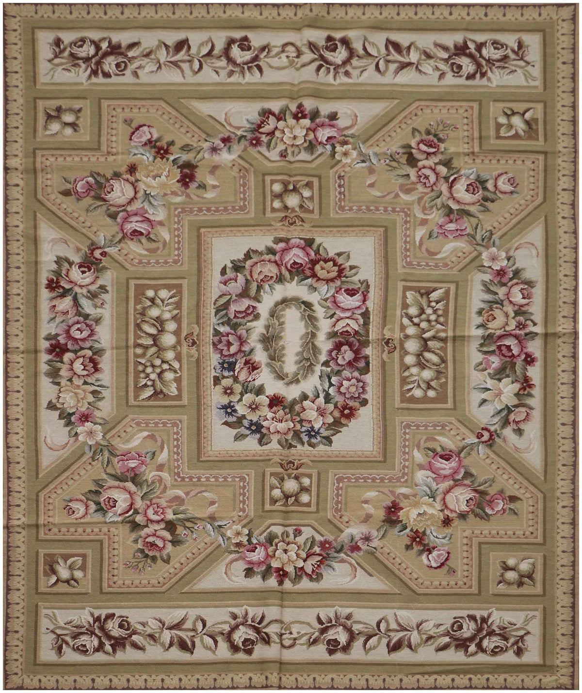 283x183 cm French Tapestry Needlepoint Wool Rug Hand Knotted Apple Green Beige - Rugoutlet