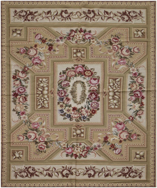 283x183 cm French Tapestry Needlepoint Wool Rug Hand Knotted Apple Green Beige - Rugoutlet