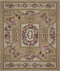 283x183 cm French Tapestry Needlepoint Wool Rug Hand Knotted Apple Green Beige - Rugoutlet