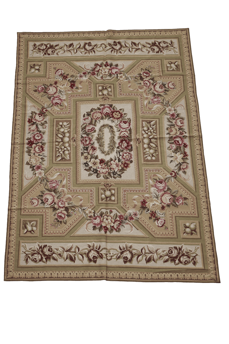 283x183 cm French Tapestry Needlepoint Wool Rug Hand Knotted Apple Green Beige - Rugoutlet