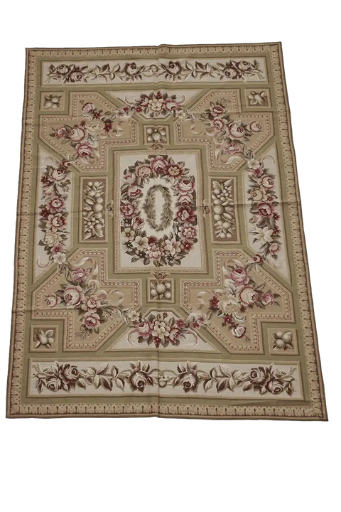 283x183 cm French Tapestry Needlepoint Wool Rug Hand Knotted Apple Green Beige - Rugoutlet