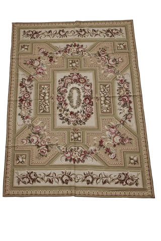 283x183 cm French Tapestry Needlepoint Wool Rug Hand Knotted Apple Green Beige - Rugoutlet