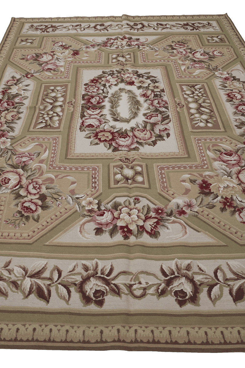 283x183 cm French Tapestry Needlepoint Wool Rug Hand Knotted Apple Green Beige - Rugoutlet