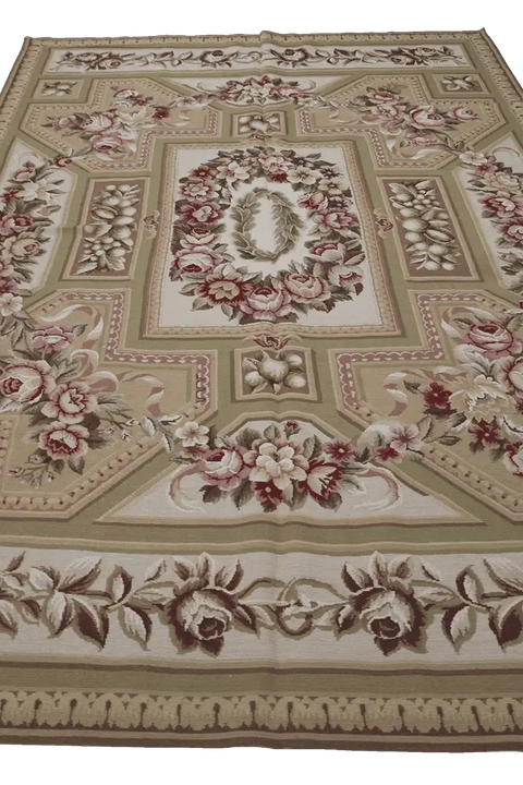 283x183 cm French Tapestry Needlepoint Wool Rug Hand Knotted Apple Green Beige - Rugoutlet