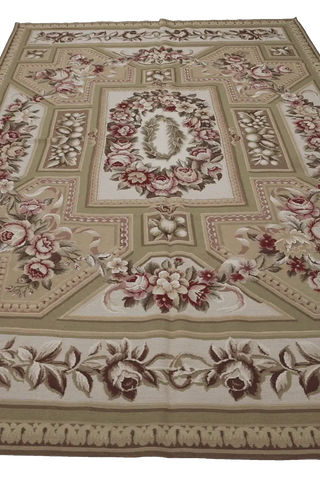 283x183 cm French Tapestry Needlepoint Wool Rug Hand Knotted Apple Green Beige - Rugoutlet