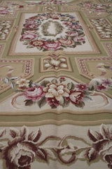 283x183 cm French Tapestry Needlepoint Wool Rug Hand Knotted Apple Green Beige - Rugoutlet