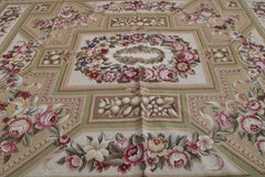 283x183 cm French Tapestry Needlepoint Wool Rug Hand Knotted Apple Green Beige - Rugoutlet