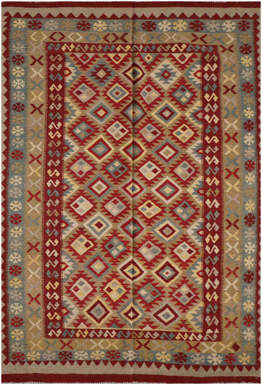 243x166 cm Shiraz Kilim Tribal Wool Rug Hand Knotted Red Brown - Rugoutlet