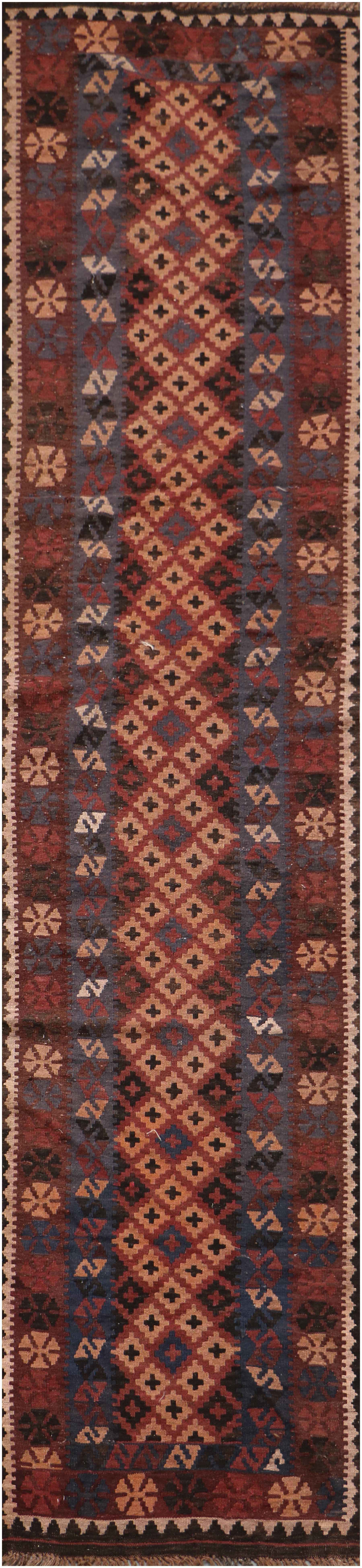 367x80 cm Afghan Kilim Runner Tribal Wool Rug Handmade Maroon - Rugoutlet