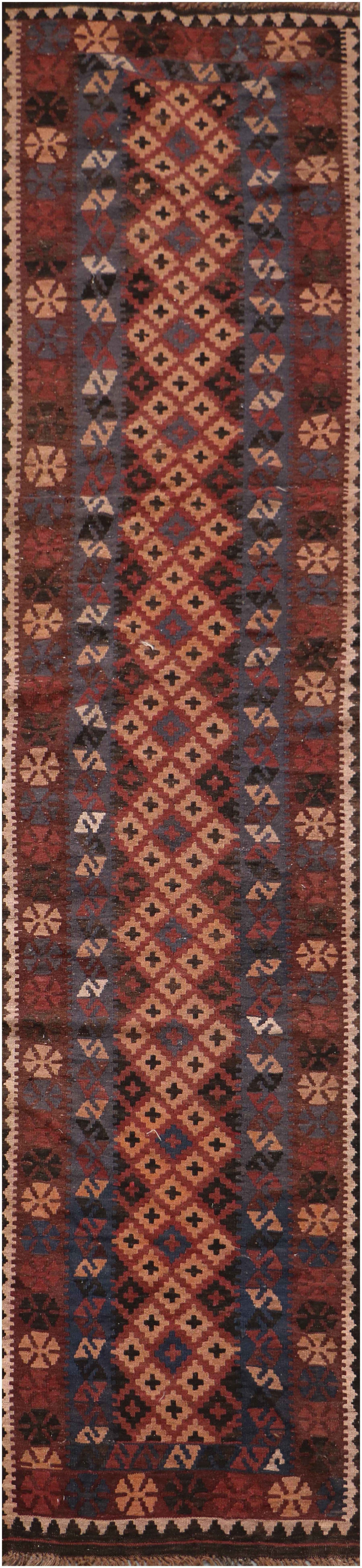 367x80 cm Afghan Kilim Runner Tribal Wool Rug Handmade Maroon - Rugoutlet