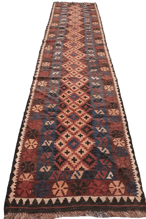 367x80 cm Afghan Kilim Runner Tribal Wool Rug Handmade Maroon - Rugoutlet