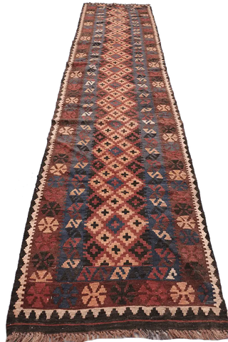 367x80 cm Afghan Kilim Runner Tribal Wool Rug Handmade Maroon - Rugoutlet