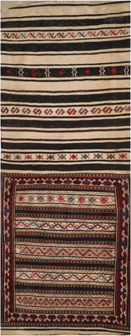 201x75cm Baluch Sumak (Soumak) Kilim Tribal Wool Handmade Beige and Black rug - Rugoutlet
