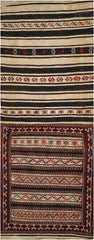 201x75cm Baluch Sumak (Soumak) Kilim Tribal Wool Handmade Beige and Black rug