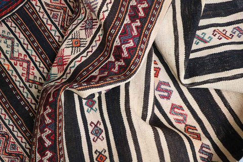 201x75cm Baluch Sumak (Soumak) Kilim Tribal Wool Handmade Beige and Black rug - Rugoutlet
