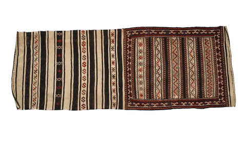 201x75cm Baluch Sumak (Soumak) Kilim Tribal Wool Handmade Beige and Black rug - Rugoutlet