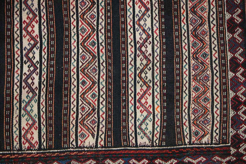 201x75cm Baluch Sumak (Soumak) Kilim Tribal Wool Handmade Beige and Black rug - Rugoutlet