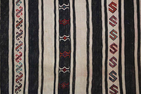 201x75cm Baluch Sumak (Soumak) Kilim Tribal Wool Handmade Beige and Black rug - Rugoutlet