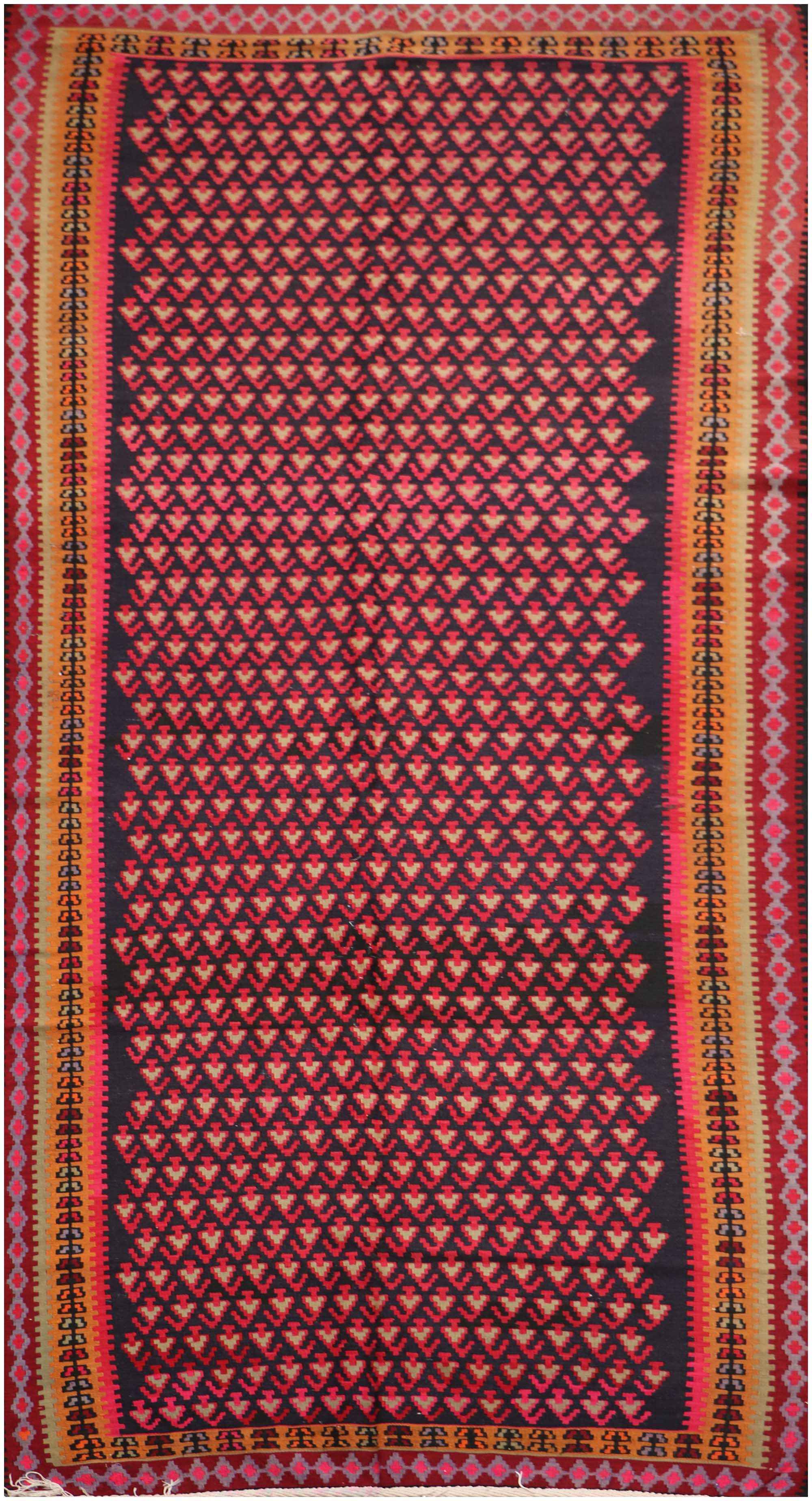 380x155cm Kurdish Kilim Senneh Wool Handmade Blue and Pink rug - Rugoutlet