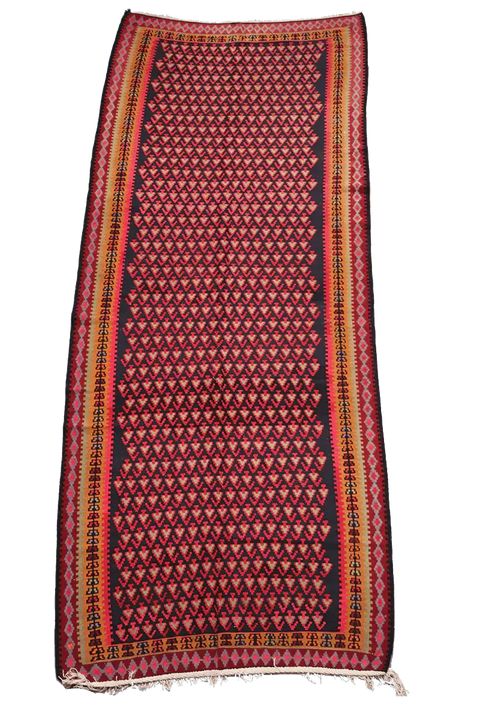 380x155cm Kurdish Kilim Senneh Wool Handmade Blue and Pink rug - Rugoutlet