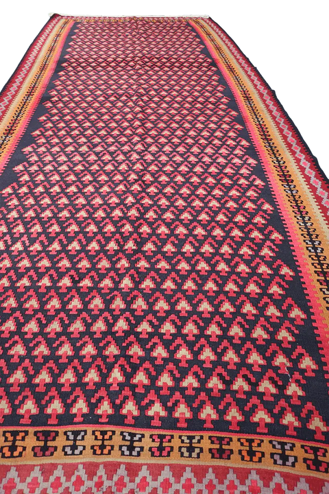 380x155cm Kurdish Kilim Senneh Wool Handmade Blue and Pink rug - Rugoutlet
