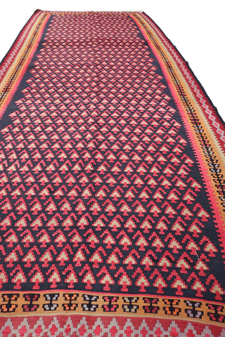 380x155cm Kurdish Kilim Senneh Wool Handmade Blue and Pink rug - Rugoutlet