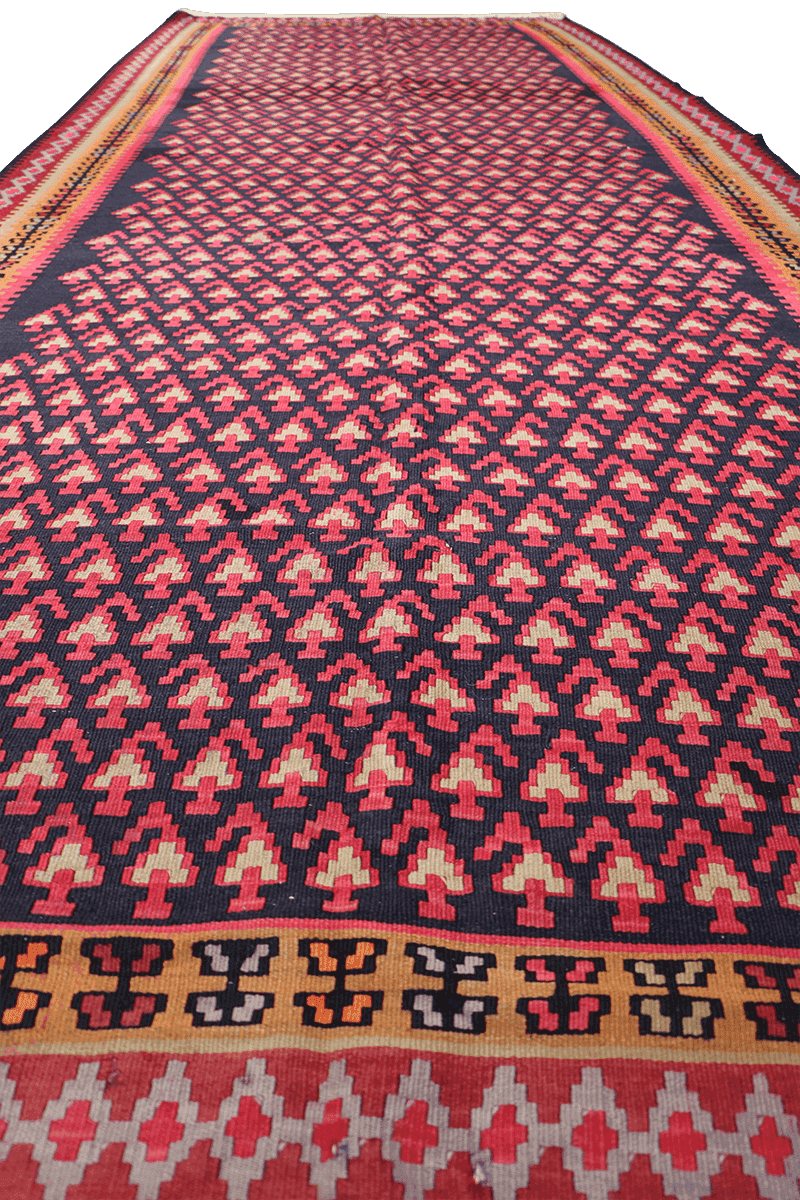 380x155cm Kurdish Kilim Senneh Wool Handmade Blue and Pink rug - Rugoutlet