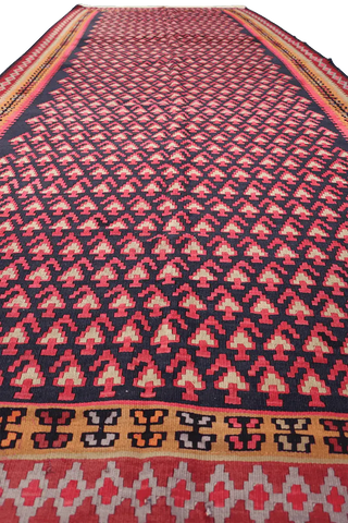 380x155cm Kurdish Kilim Senneh Wool Handmade Blue and Pink rug - Rugoutlet