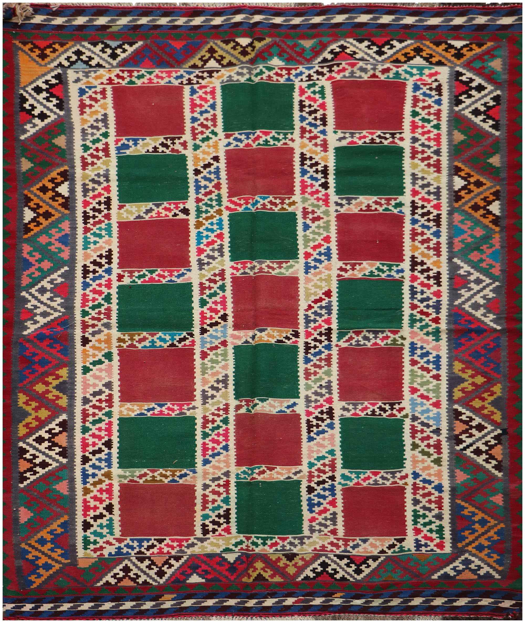 240x150 cm Shiraz Tribal Kilim Tribal Wool Rugs Hand Knotted Red Green - Rugoutlet