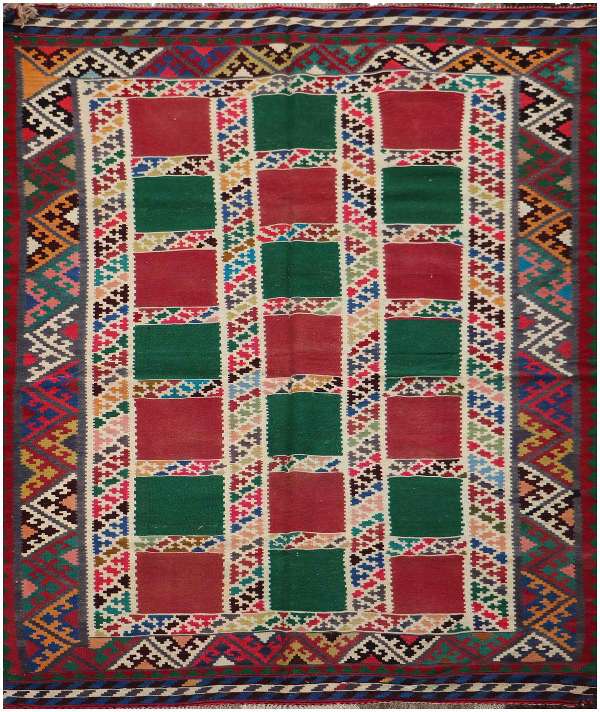 240x150 cm Shiraz Tribal Kilim Tribal Wool Rugs Hand Knotted Red Green - Rugoutlet