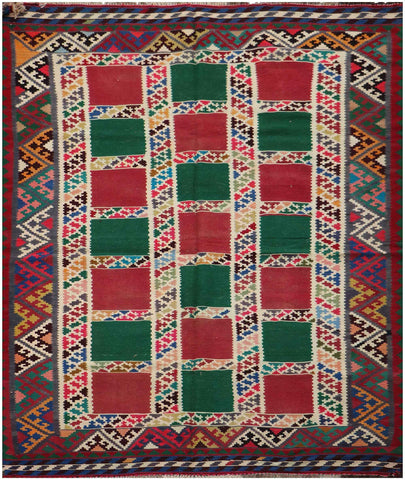 240x150 cm Shiraz Tribal Kilim Tribal Wool Rugs Hand Knotted Red Green - Rugoutlet